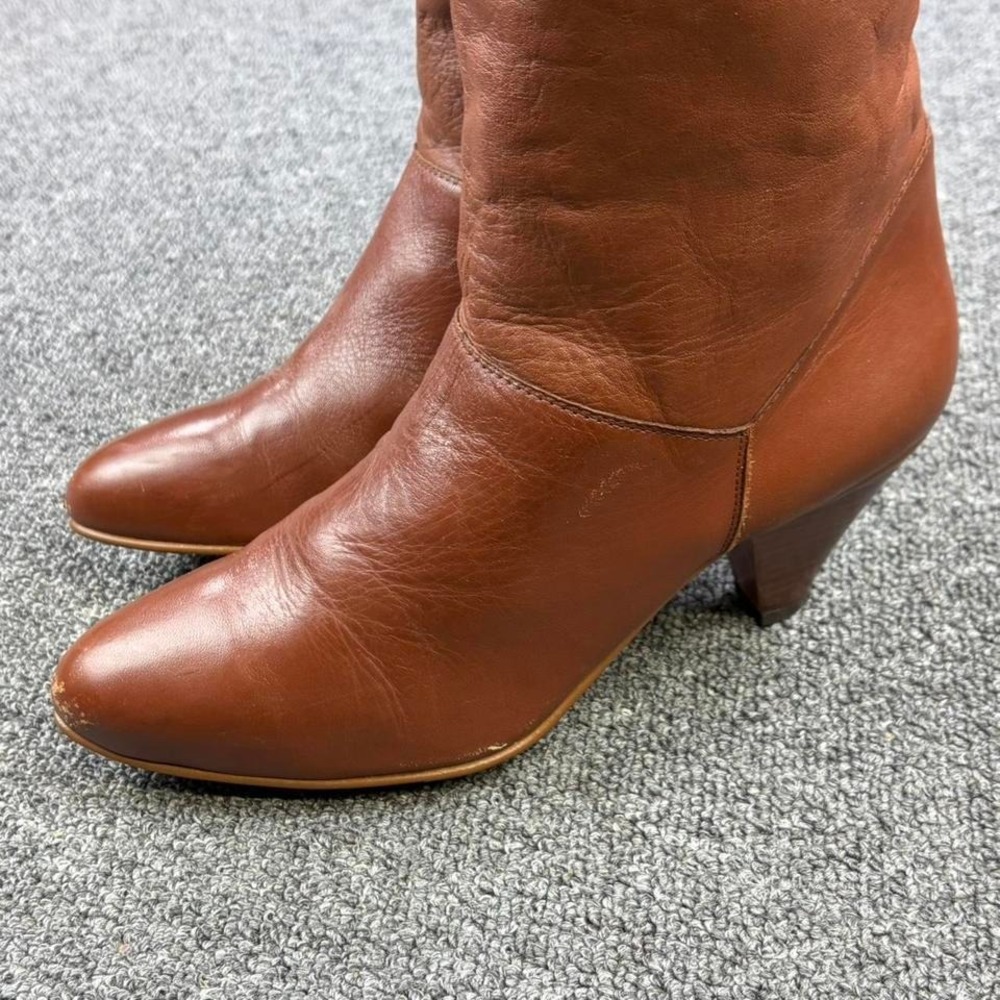 Vintage Women's Brown Leather Fold-over Tall Pull On Riding Short Heel Boots - Picture 5 of 8